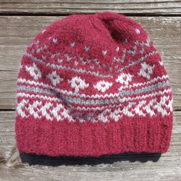 Men's Alpaca Fair Isle Wool Beanie Hat Hand Knit Red Winter Nordic Women's - Picture 6 of 9